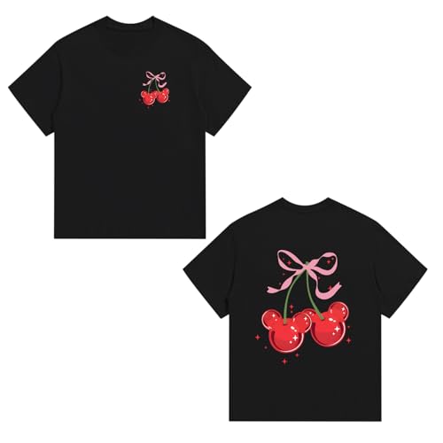 Vieawfi Cherry Bow Shirts for Girls Graphic Cute T Shirt Kids Toddler Holiday Vacation Trip Tees Preppy Cotton Summer Tops(Black 130)