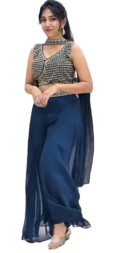 Image of Women Palazzo Blouse Dupatta Set for Women,Fully Stitched Teby Silk Palazzo with BanglorySilk Blouse & Teby Silk Dupatta | Multicolour Embroidery & Sequin Work