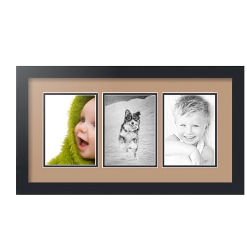 ArtToFrames Collage Picture Frame 3 Opening 3-5x7 Photo Frame | Made in USA | Black Frame Desert Sand and Black Mats | Wall Mount Multi Photo Display 23X13 Full Size