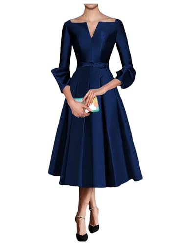 Satin Mother of The Bride Dresses for Women Tea Length Long Sleeve Wedding Guest Dress A Line Evening Gown