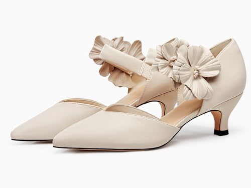 Image of Coutgo Womens Low Kitten Heels Dressy Shoes Comfortable Closed Toe Flower Slip on Formal Party Dance Heeled Pumps