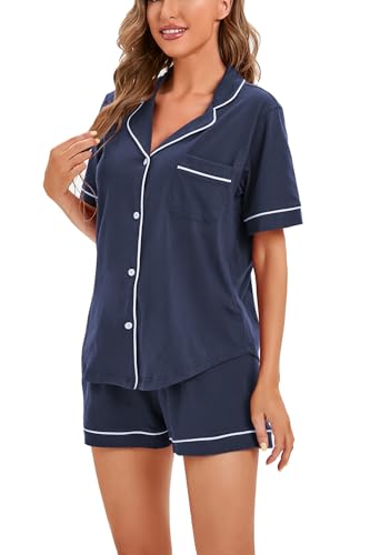 Image of LUBOT 100% Cotton Pajamas for Women 2 Piece PJ Set Button-Down Soft Knit Short Sleeve Summer Sleepwear Loungewear XS-XXL