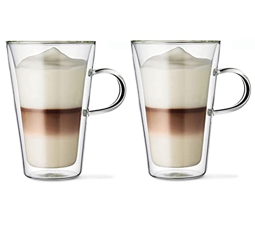 ダブルウォール グラス コーヒーカップ 二重構造 耐熱 カップ おしゃれ 保温 保冷 アイスコーヒー ホットワイン お酒 お茶 グラス (400ML 取っ手付,2個セット)