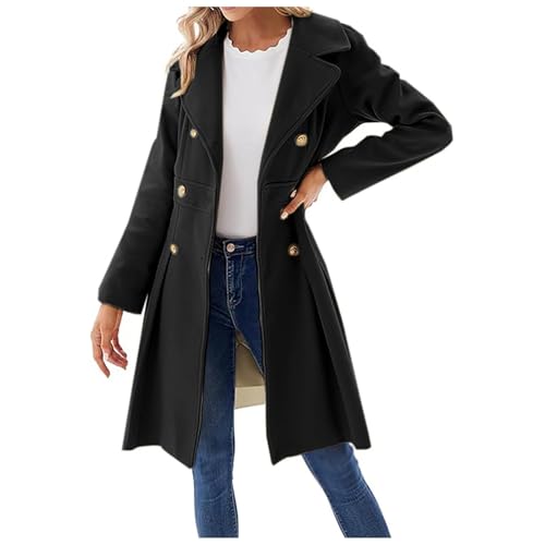 Image of Kubbon Womens Wool Blend Coat Notched Lapel Collar Double Breasted Pea Coat Dressy Long Sleeve Work Office Trench Coat Black