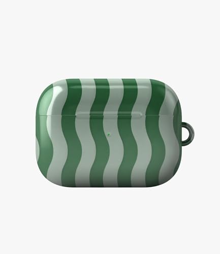 Image of Matcha Wave Glossy Case Compatible with AirPods Pro 1, Cute Green Wavy Stripe Protective Hard Cover with Keychain Loop, Aesthetic Retro Earbud Accessories for Women and Girls