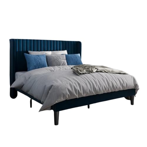 Image of Metal Upholstered Bed Queen Size Without Storage | Wooden Queen Size Cot with Headboard | Double Size Bed for Bedroom | Palang Furniture for Guest Room & Hotels, Blue, (Blue)