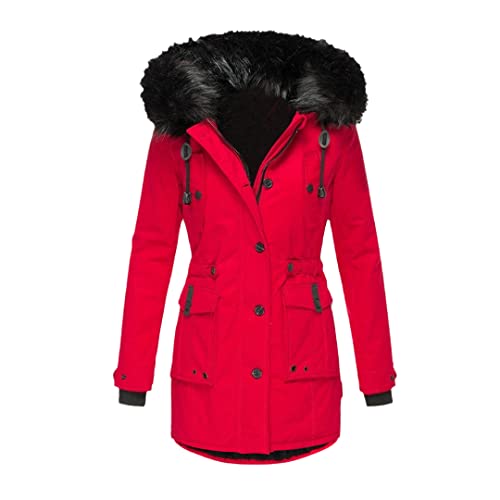 Veste d'hiver rembourrée capuche femme rouge grand col chaud 3XL