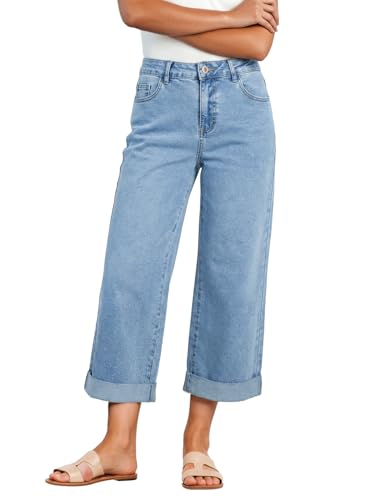 Sidefeel Women's Capri Jeans High Waisted Stretchy Wide Leg Ankle Capri Denim Pants Size 12 Light Blue