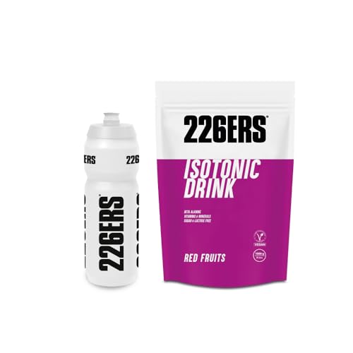 226ERS Isotonic Drink + Bidón Ciclismo| Isotónico en Polvo, Bebida Deportiva Isotónica, Frutos Rojos - 1 kg + Bidón de Polipropileno, BPA Free, con Tirador de Boquilla, Blanco - 750 ml