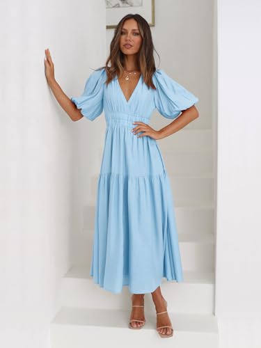 Image of Womens Deep V Neck Puff Short Sleeve Tired Maxi Dress Boho Long Flowy Summer Dresses