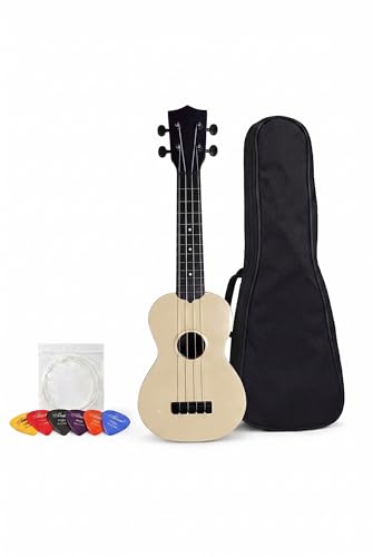 53 x 20 x 8 cm soprano ukulele; 4 telli, bej ahşap gövde, mat kaplama, naylon tel, çanta ve pena seti