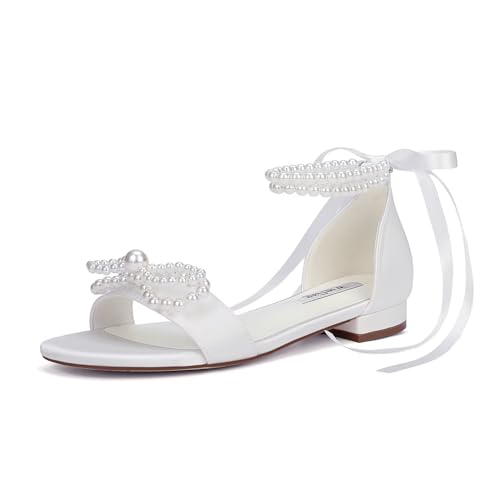 Flat Wedding Shoes for Bride Pearl Sandals Open Toe Wedding Flats Double Bowknots Bridal Flats