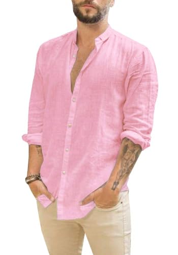 Runcati Men Linen Shirt Button Down Long Sleeve Cotton Beach Band Collar Casual Summer Shirts