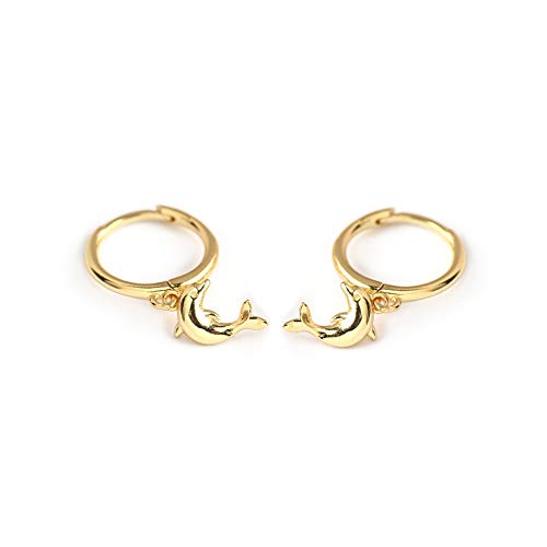 Minimalist Little Dolphin Hoop Earrings Sterling Silver S925 for Women Fashion Dangling Charm Drop Small Huggie Hoops Cartilage Earring Cuffs Studs Cute Jewelry Sensitive Ears BFF (Yellow Gold)