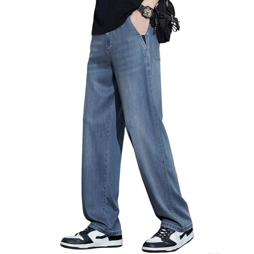 Elastic Waist Jeans for Mens Casual Loose Fit Relaxed Lightweight Straight Denim Pant with Zipper and Button
