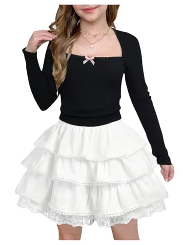 Girl's Bow Long Sleeve Shirt Lace Trim Square Neck Slim Fitted Cute Tee Tops