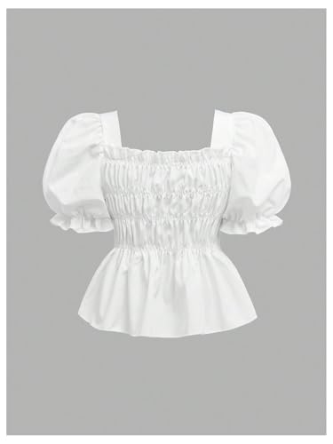 MakeMeChic Girl's Shirred Puff Sleeve Square Neck Bow Knot Flared Tee Shirt Summer Top2