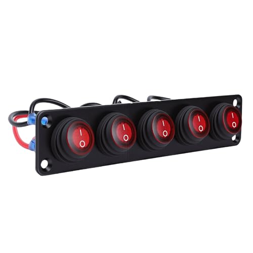 Bewinner Panneau d'Interrupteur à Bascule à 5 Gangs étanche 20A LED Rouge Interrupteur à Bascule Marche/arrêt, Panneau en Alliage d'aluminium pour Voiture Bateau RV Camion Remorque Marine