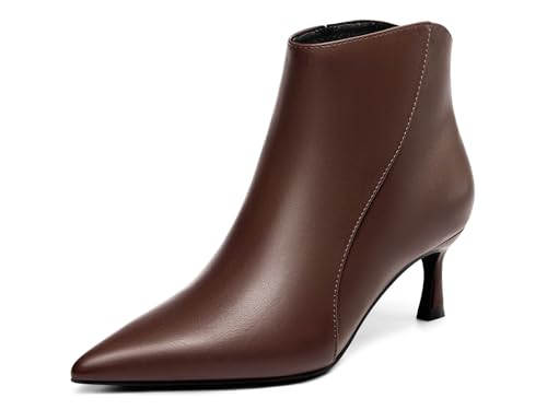 كوتجو حذاء بطول الكاحل بكعب صغير للنساء بمقدمة مدببة وسحاب جانبي للخريف والشتاء، لون بني فاتح، مقاس 9