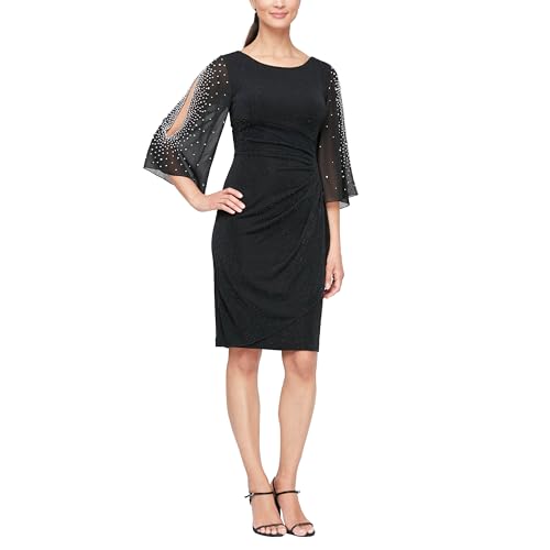 Image of Alex Evenings Women's Short Sheath Metallic Cocktail Dress w /Embellished Sleeves & Cascade Ruffle (Petite and Regular Sizes)