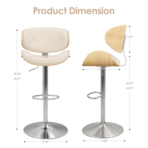 Image of Adjustable Swivel Bar Stools Chair,Counter Height Bar Stools with Back,350 LBS PU Leather Bar Stool for Kitchen Island,Upholstered Pub Stools with Footrest (Beige, Set of 4)