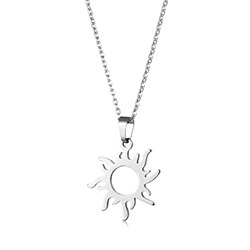 YUANYIRAN Collier Pendentif Soleil Ajouré - Hip Hop Charm Flamme Clavicule Chaîne Creux Clavicule Chaîne Personnalité Simple Colliers pour Filles Femmes Fête Bijoux Cadeau,Argent,45Cm Cover