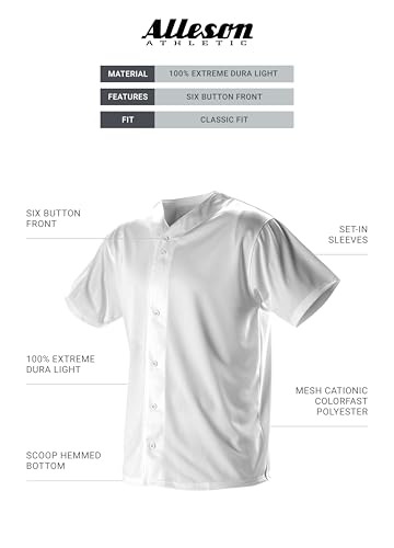 Alleson Athletic Boys' Full Button Baseball Jersey – Comfortable, Classic Fit, and Moisture-Wicking Technology2