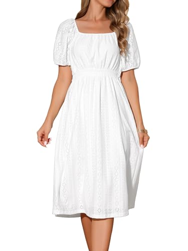 Image of Seta T Women's Summer Eyelet Dresses Square Neck Short Sleeve Casual A Line Midi Dress