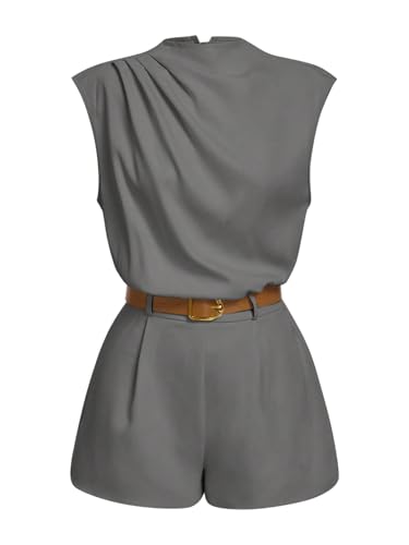 Image of SOLY HUX Women's Summer Ruched Mock Neck Romper Elegant Cap Sleeve Belted Work Short Jumpsuits
