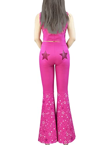 Naywig Cowgirl Outfit 70s 80s Hippie Disco Costume Pink Flare Pant Halloween Cosplay For Women Girls