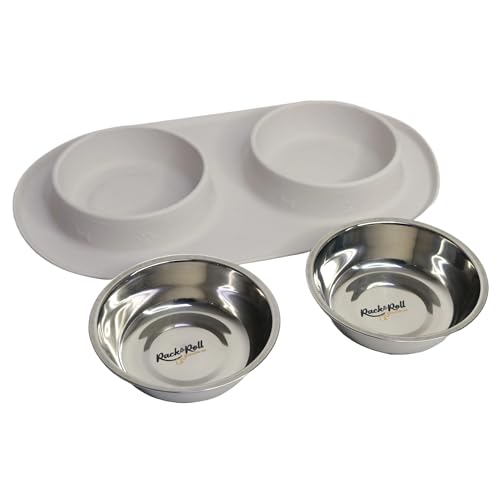 Dual Stainless Steel Pet Bowls with Non-Slip Silicone Mat – Spill-Proof Food and Water Feeder for Dogs & Cats, Easy to Clean, BPA-Free, Durable and Lightweight by Rack&Roll PRODUCTS INC - Used condition - US$8.90