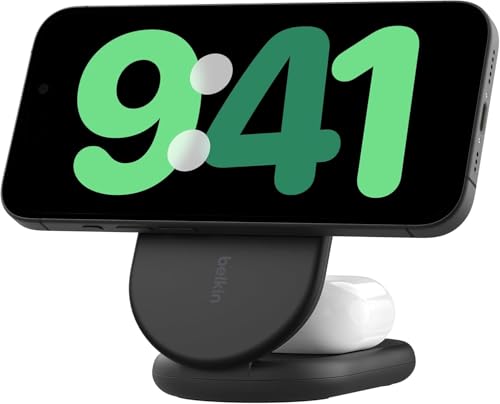 【Amazon.co.jp限定】 Belkin 2 in 1 Qi2公式認証 ワイヤレス充電スタンド MagSafe対応 iPhone17,16~12 スマホ(最大15W高速充電) AirPods等イヤホン(5W充電) スタンバイモード対応 折り畳み式 USB-Cケーブル付属(1.5m) 電源付属なし ブラック WIZ028qcBK-A ※Amazon.co.jp限定 壁紙ダウンロード付き