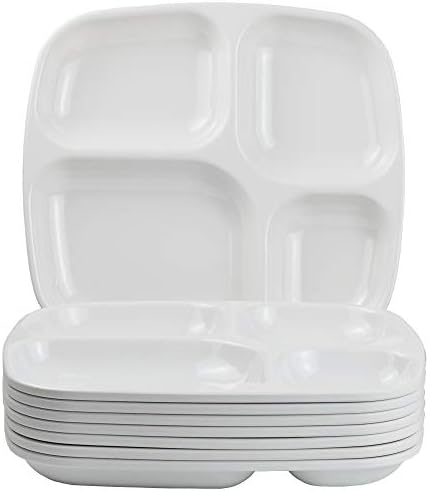 HOMEREFROM 8 Pcs -10.2”Meal Trays Melamine Compartment Dessert/Salad Plates, 4 Section Compartment Divided Plates, melamine platter,Salads, noodles, burgers,Safe for Dishwasher (White)
