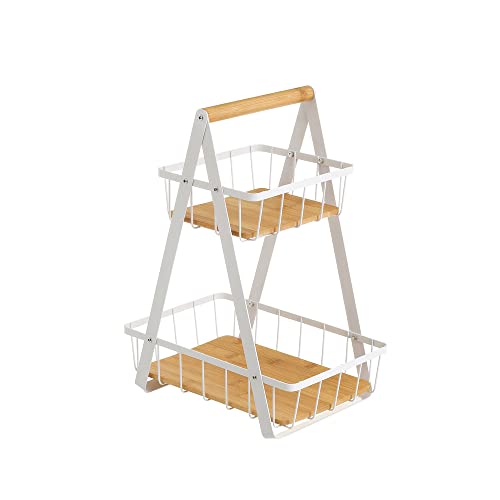 LOLAhome Frutero de 2 cestas blanco de metal y bambú natural de 30x20x40 cm