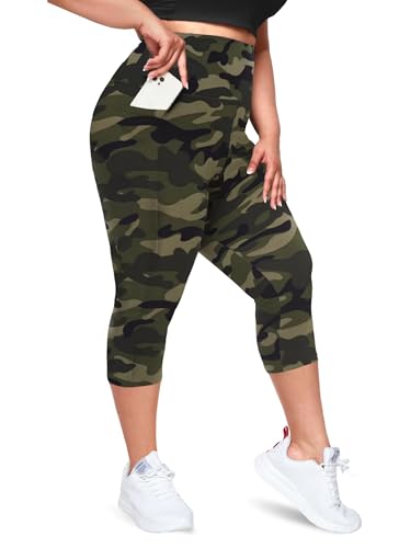 Happy.angel Plus Size Leggings with Pockets for Women, High Waisted Capri Yoga Workout Pants Cropped Tights Camo Capris 3XL