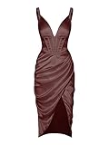 ZAFUL Women's Silky Pleated Draped Bustier Corset-Style Deep V Neck Midi Dress (A-Deep Coffee, M)