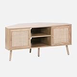 Pieds compas sweeek - Meuble TV d\'angle en décor Bois et cannage. 2 Portes. 1 étagère. 115cm