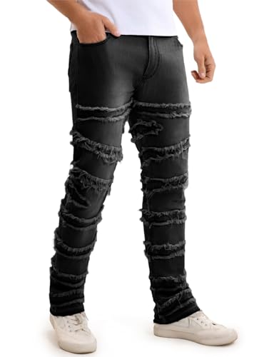 Mens Stacked Jeans Slim Fit Distressed Destroyed Ripped Stretch Flared Jeans for Men