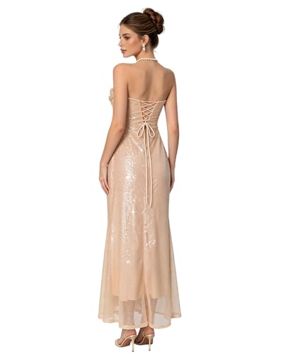 Image of BOLLEY JOSS Women's Sequins Midi Dress Sexy Back Slit Spaghetti Strap Bodycon Long Dress Summer Sparkly Party Dresses