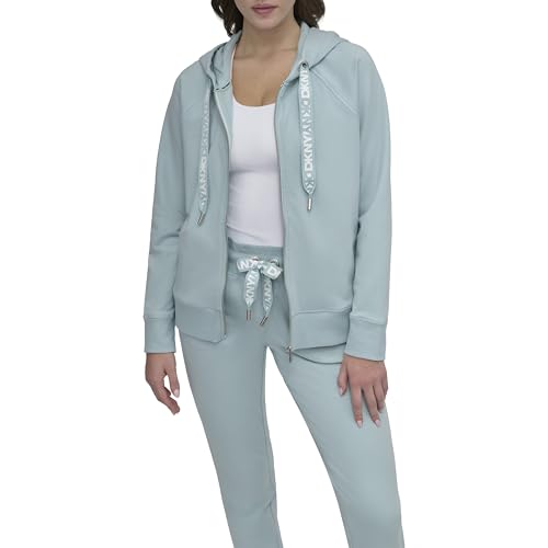 DKNY womens Logo Drawstring Full Zip Fleece Hoodie