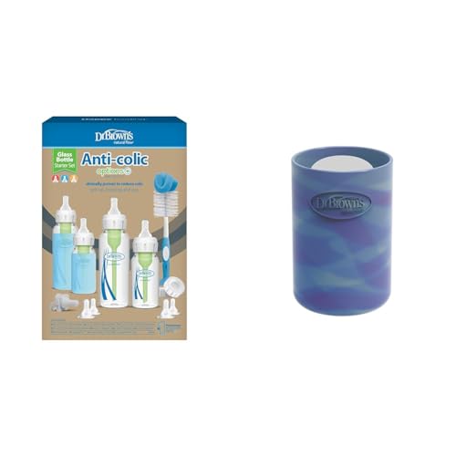 Image of Dr. Brown's Natural Flow® Anti-Colic Options+™ Narrow Glass Baby Bottle Starter Set & Natural Flow Options+ Glass Baby Bottle Sleeves,100% Silicone