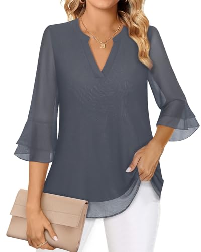 Akiooue Blusas para mujer, manga acampanada 3/4, estilo túnica, c...