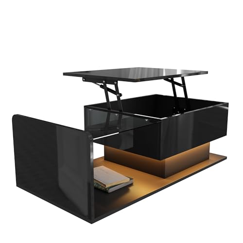 VIVCA Mesa de centro de color negro brillante, mesa auxiliar, mesa de café con cristal y efecto LED, con tapa de cristal. - imagen 5
