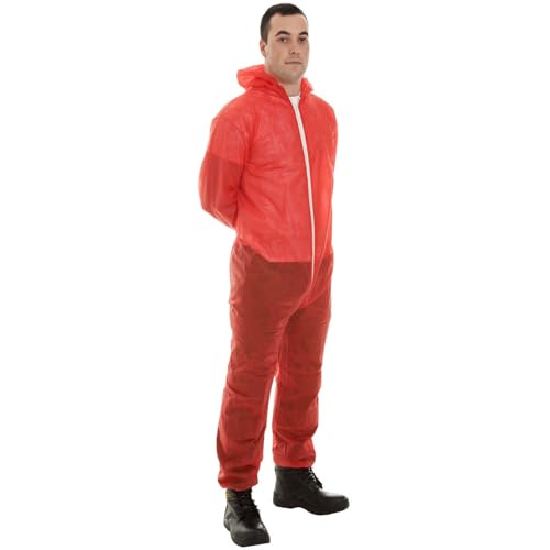 IndustraCare Poly Prop White Economy Lightweight Disposable Overall Boilersuit Red - Zip up elasticated hood ankles and wrists (XL)