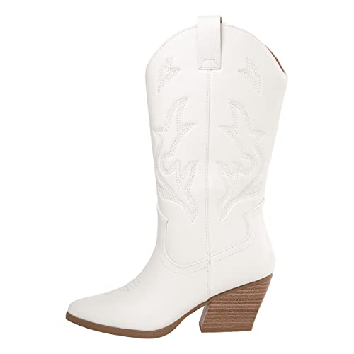 Women’s Western Cowboy Boots – Mid-Calf Pointed Toe Embroidered Cowgirl Boot with Chunky Heel – Classic Rodeo Style Julia