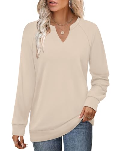 Aokosor Jumpers for Women Sweatshirts Ladies Tops V Neck Long Sleeve Tops Size 22-24 Beige