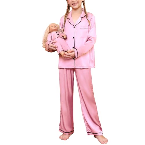 QPANCY Matching Girls&Dolls Pjs Set Long Sleeve Silk Pajamas Button Down 2 Piece Satin Sleepwear