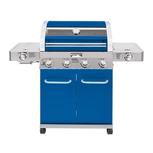 Monument Grills Larger 4+2 Burner Propane Gas Grills Stainless Steel Cabinet Style with Clearview® Lid, Knob Controls, Built-In Thermometer, Infrared Side Sear Burners & Side Burners, Blue