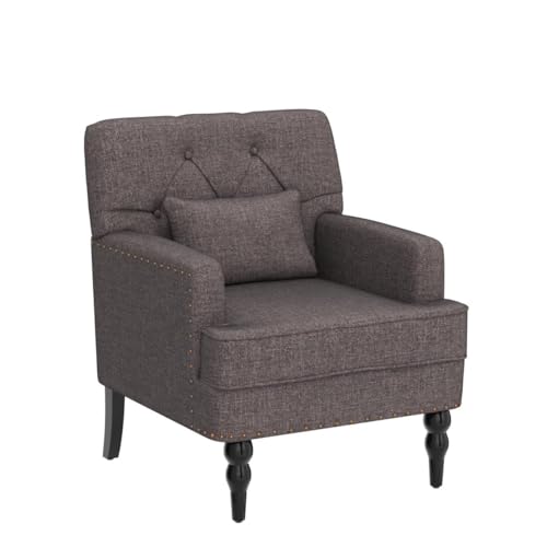 HUIMO Tufted Club Chair with Lumbar Pillow,Upholstered Button Armchair,Accent Reading Chair,Linen Fabric Sofa Chairs for Bedroom, Living Room, Mid Century Modern with Studded Chair Grey - Thumbnail 4