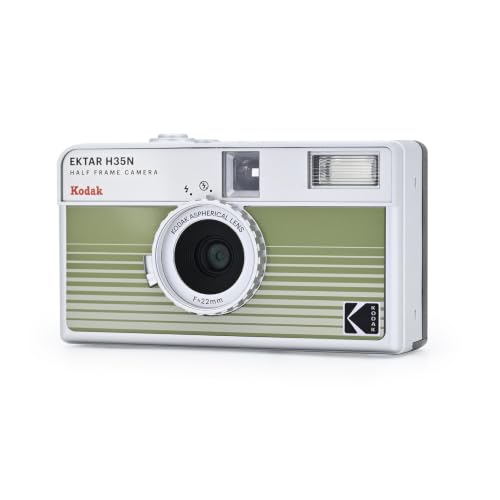Image of Kodak EKTAR H35N Half Frame Film Camera, 35mm, Reusable, Focus-Free, Bulb Function, Built-in Star Filter, Coated Improved Lens (Film & AAA Battery are not Included) (Striped Green) | Coated Glass 22mm Lens, Focus-Free, Bulb Mode, Aaa for Flash